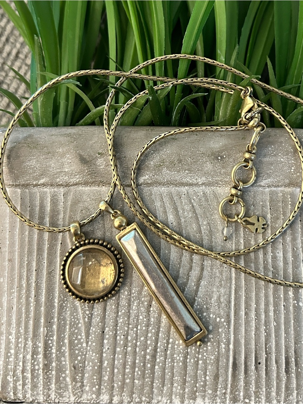 Lucky brand Pendant Necklace Round yellow acrylic charm & rectangle bar charm